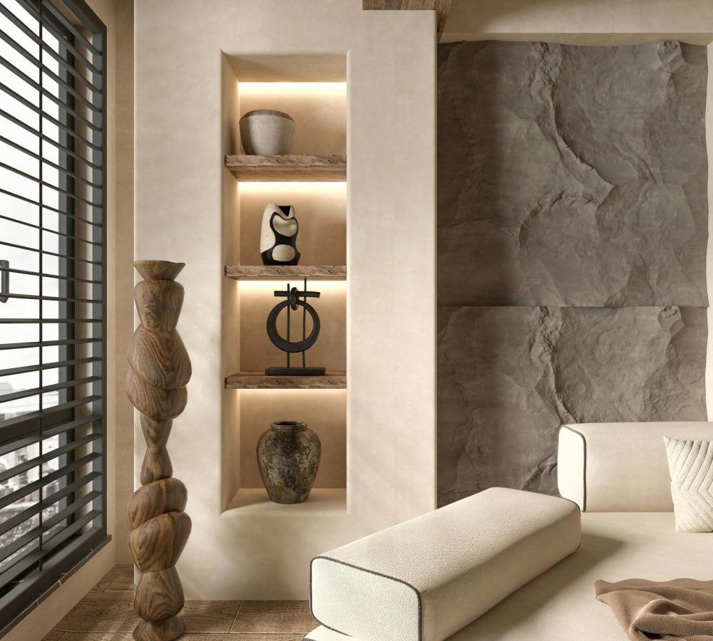 Elegant living room featuring minimalist decor with a luxurious touch and warm lighting.